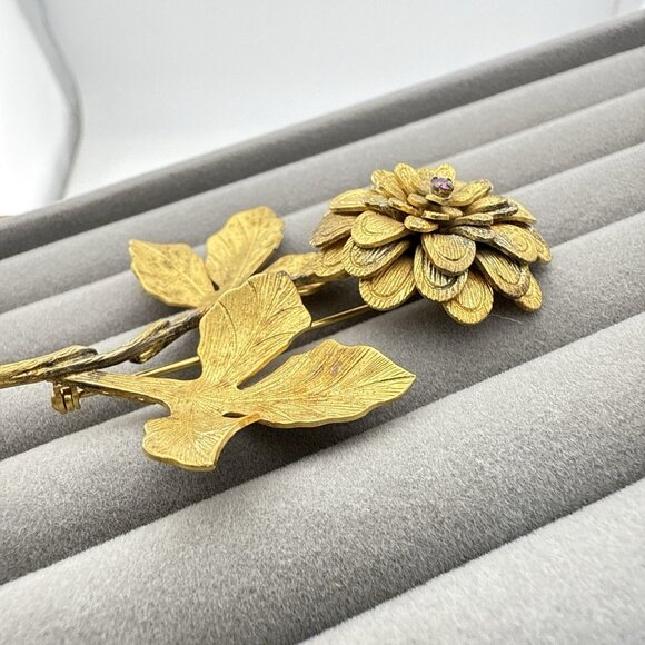 Vendome Brooch Sterling Silver Gold Vermeil Flower Floral Red Signed 3" Pin - Picture 4 of 12